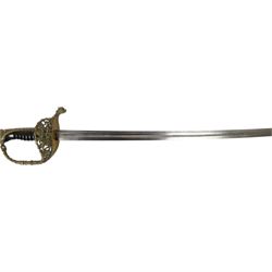 French 1837 pattern officers sword, 70cm single edged blade, with pierced brass hilt, ribbed grip, with brass mounted leather scabbard, L85cm