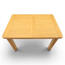 Modern oak extendable table and four chairs, extending top with stowable leaf (Extends to 152cm), chairs with brown upholstery and tapered square legs