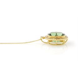 18ct gold green tourmaline and diamond pendant necklace, rectangular cushion cut tourmaline of approx 9.50 carat, surrounded by thirty-four round brilliant cut diamonds and a single stone diamond set bail, on a trace link chain necklace