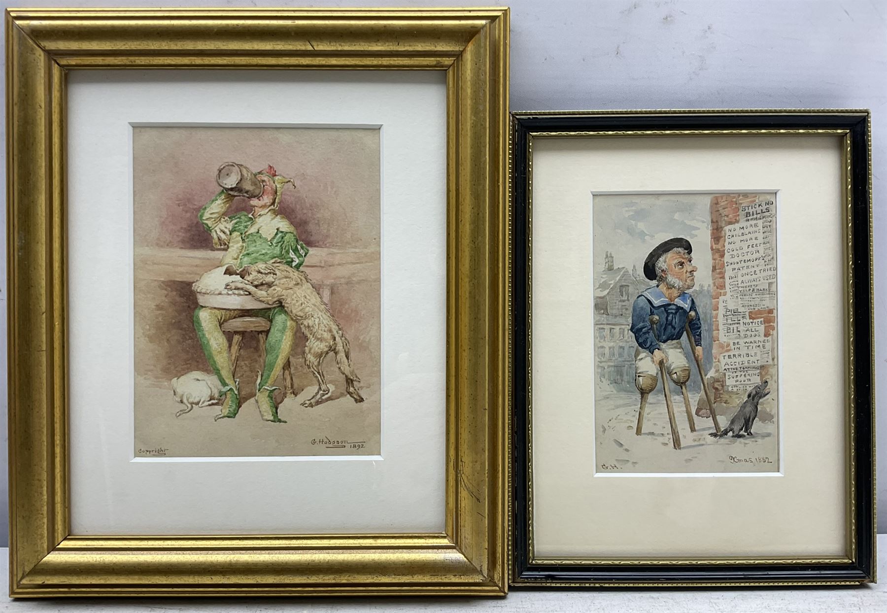 George Hodgson (British 1847-1921): The Jester and The Veteran, two watercolours signed, dated 1892 and 'Xmas 1882', respectively, 15cm x 11cm and 13cm x 8.5cm (2) 
Notes: born in Nottingham, Hodgson lived in Grange-over-Sands and was a member of the Nottingham Society of Artists, acting as Vice-President 1908-1917. He exhibited many works at the Nottingham Castle Museum, the Royal Academy, Royal Birmingham Society of Artists, and Royal Society of British Artists.