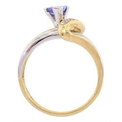 14ct white and yellow gold trillion cut tanzanite and round brilliant cut diamond crossover ring, stamped