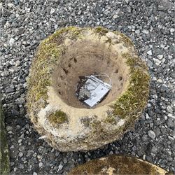 Small circular stone mortar, small stone wheel and a square stone trough - THIS LOT IS TO BE COLLECTED BY APPOINTMENT FROM DUGGLEBY STORAGE, GREAT HILL, EASTFIELD, SCARBOROUGH, YO11 3TX