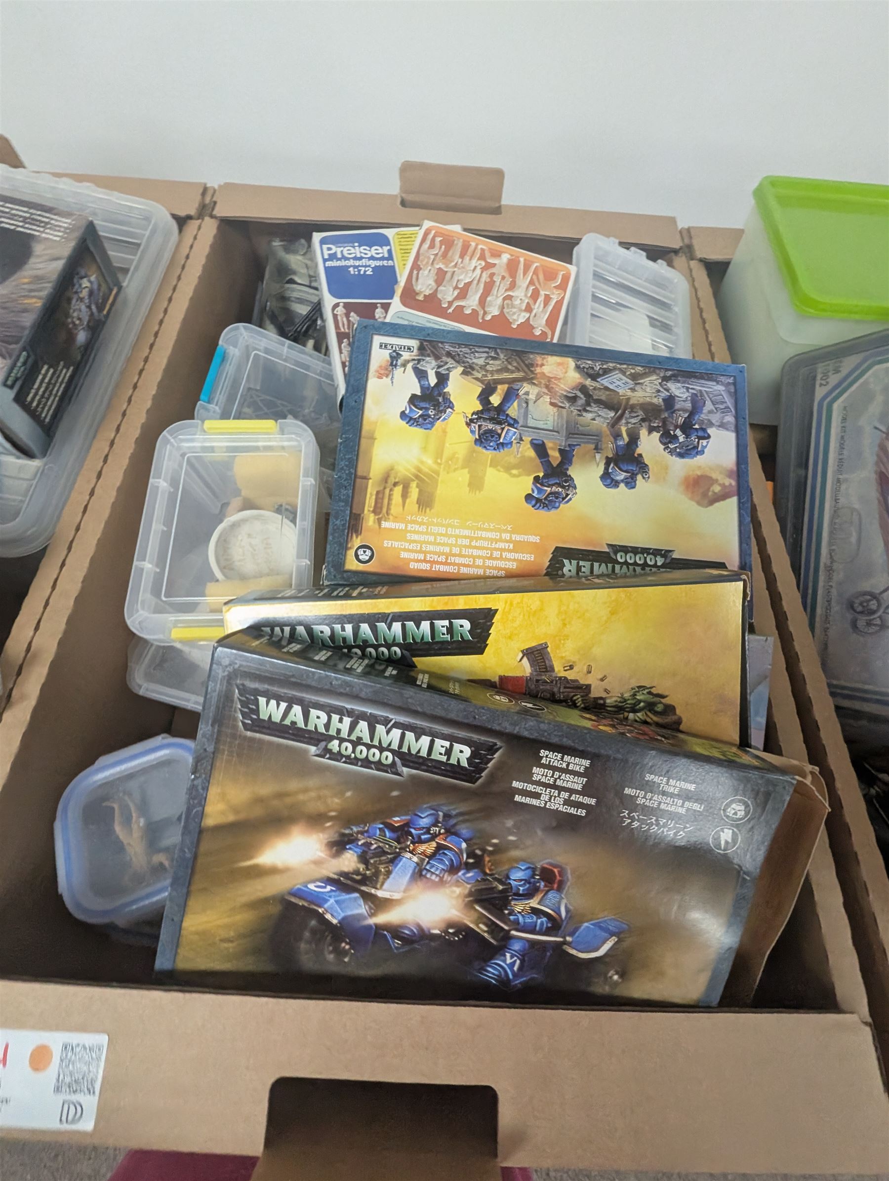 Collection of modelling equipment, kits, accessories, loose lego, including Games Workshop Warhammer 40000, military figures, etc, in four boxes, 