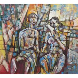 Francis Perera (Sri Lankan 1931-): 'Family with Pool', oil on sail canvas signed and dated '06, titled and signed verso 67cm x 76cm 
Notes: Perera a noted Sri Lankan artist has had many solo exhibitions both in his home country and overseas. He is a six time winner of the Presidential Award, represented Sri Lanka in Washington DC to commemorate the 50th anniversary of its independence, exhibited at the Royal Commonwealth Society in 2002, and at the 20th International Art Festival in Germany.