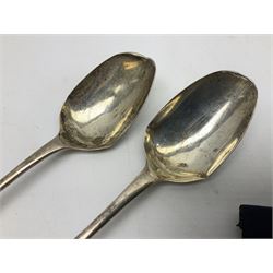 Two silver Georgian tablespoons, approximate total weight 3.36 ozt (104.7 grams), together with Great War Peace Medal 1919 and two others 
