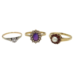 9ct gold pearl and garnet cluster ring, 9ct gold amethyst cluster dress ring both hallmarked and a gold single stone diamond ring