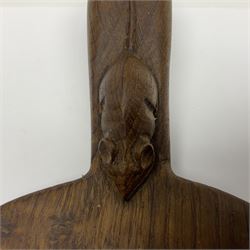 Mouseman - oak kidney-shaped cheeseboard, the handle caved with mouse signature, by the workshop of Robert Thompson, Kilburn 
