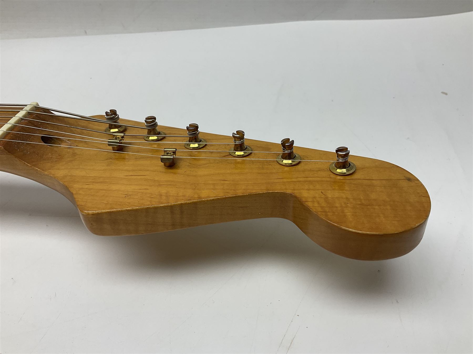 Fender Stratocaster style electric guitar in metallic blue with Rio Grande pick-ups and Fender back-plate L98cm; in Fender soft carrying case