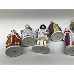 Sitzendorf Henry VIII & his wives porcelain figures, a set of 7 with impressed titles to the reverse, comprising of King Henry VIII, Anne Boleyn, Catherine of Aragon, Catherine Parr, Jane Seymour, Catherine Howard, Anne of Cleves.  