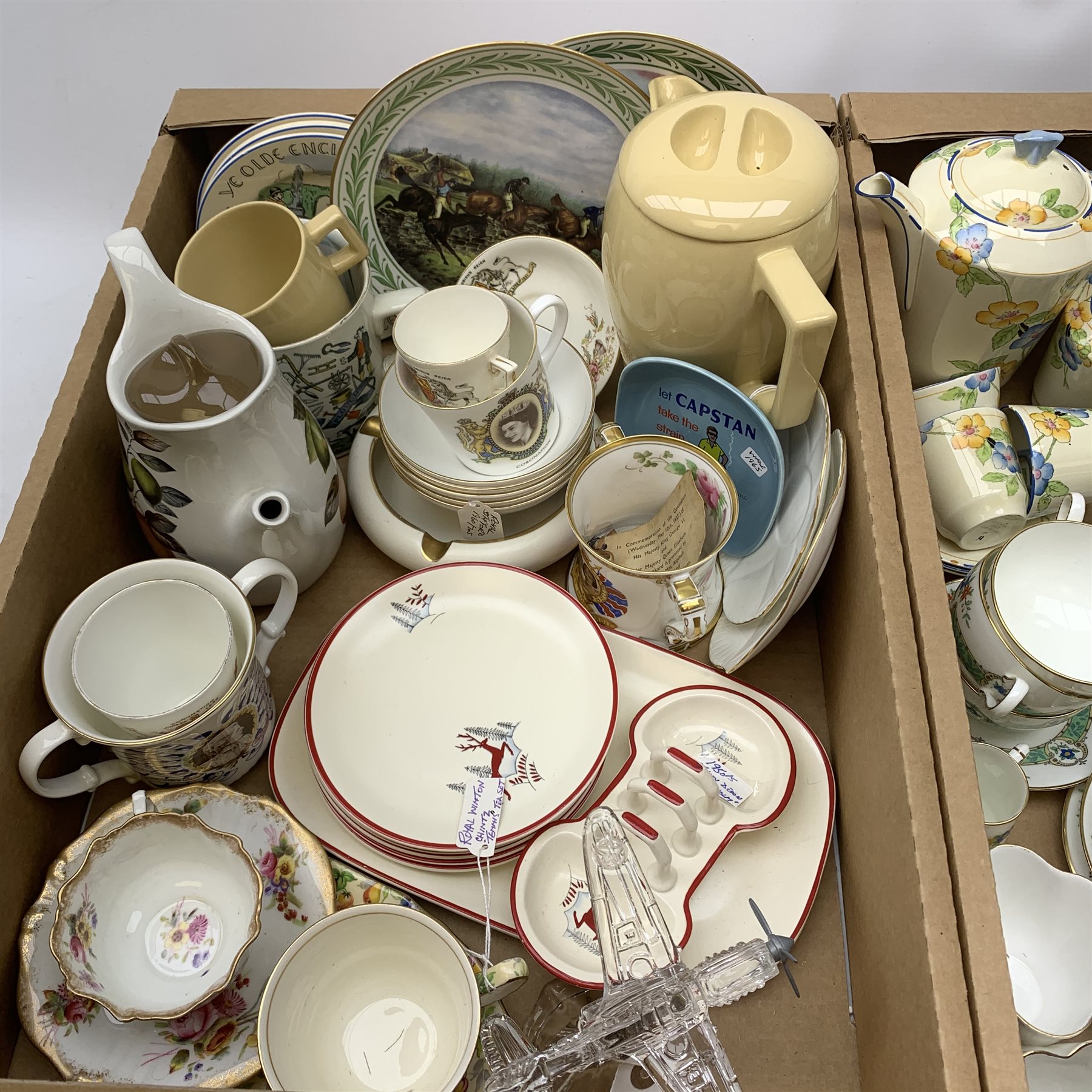 Commemorative ware including Shelley etc, together with a small Wedgwood Jasperware plate detailed with the profile of Sir Winston Churchill, a small bust of Sir Winston Churchill, a Royal Doulton Sandeman port decanter, a Crown Ducal tea for two set, etc, in two boxes