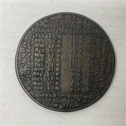 18th century brass calendar medal, for 1786, by James Davies, with moonphase calendar to reverse