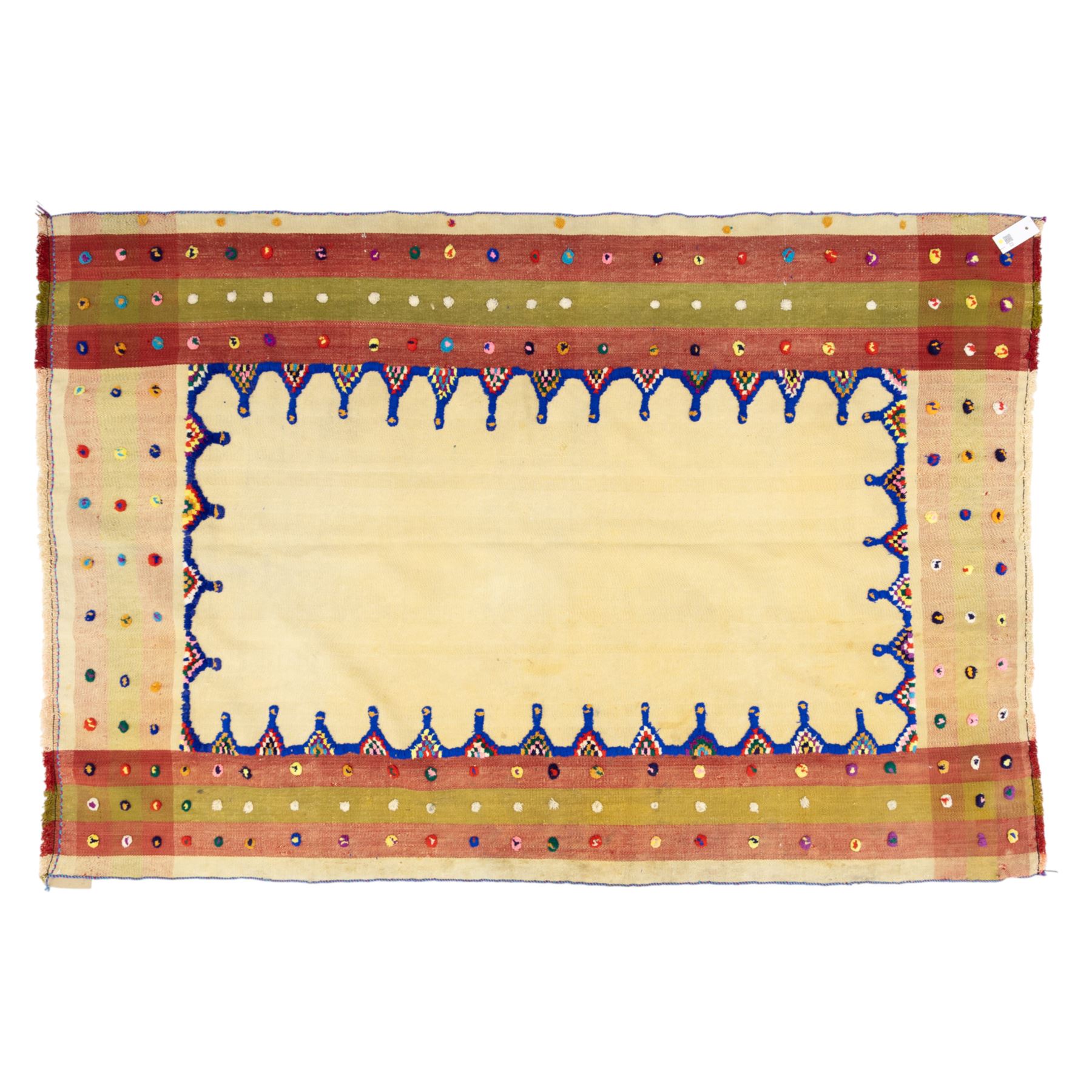 Persian Jajim flatweave kilim, plain beige central field, framed by stepped indigo and polychrome inner border within broad striped outer bands in rose, green, and ivory, decorated with knotted wool tufts and fringe ends 