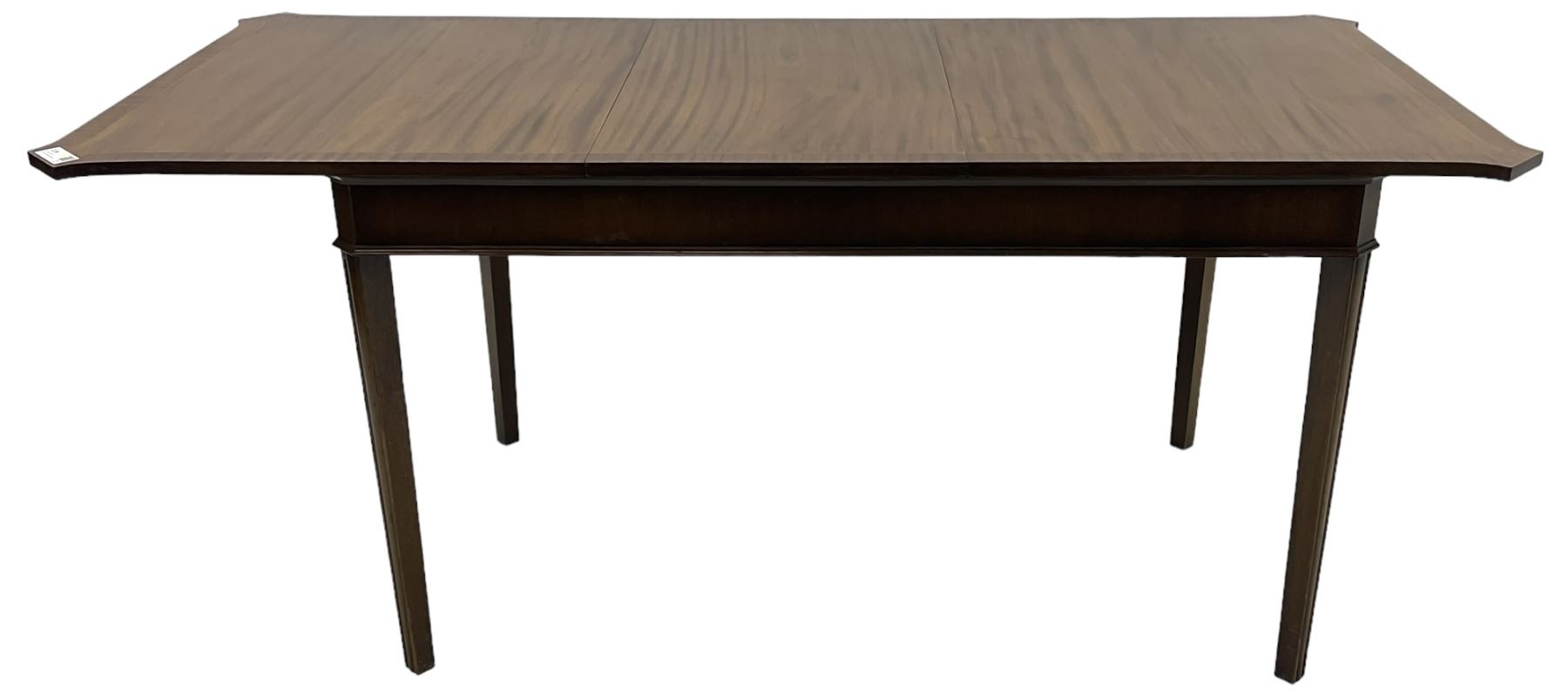 Regency design mahogany extending dining table, rectangular top with extending canted corners, pull-out action with additional leaf (84cm x 136cm - 182cm, H76cm); set of eight Regency design mahogany dining chairs with rope twist rails