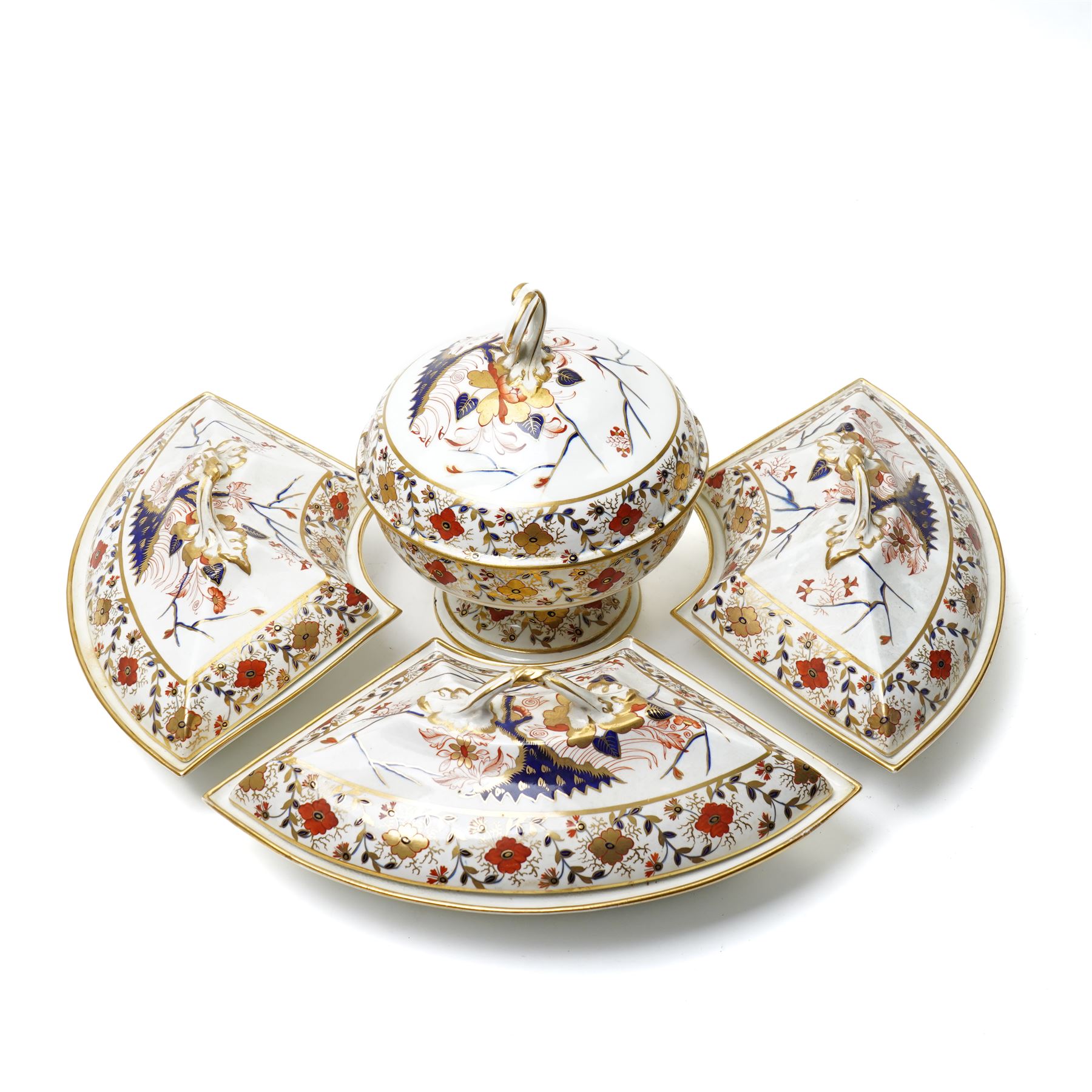 Early 19th century Bloor Derby dinner wares, c.1800-1825, Asian Rose pattern, comprising five small plates, one circular tureen, and three covered surrounding dishes, crossed sword marks in red to base, plates D20cm, circular tureen 24cm  
Provenance: property of a Nobleman