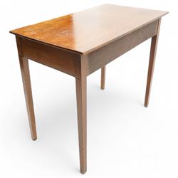 George III mahogany side table, rectangular top over single drawer, fitted with brass ring handles and pressed circular plates, on square tapering supports