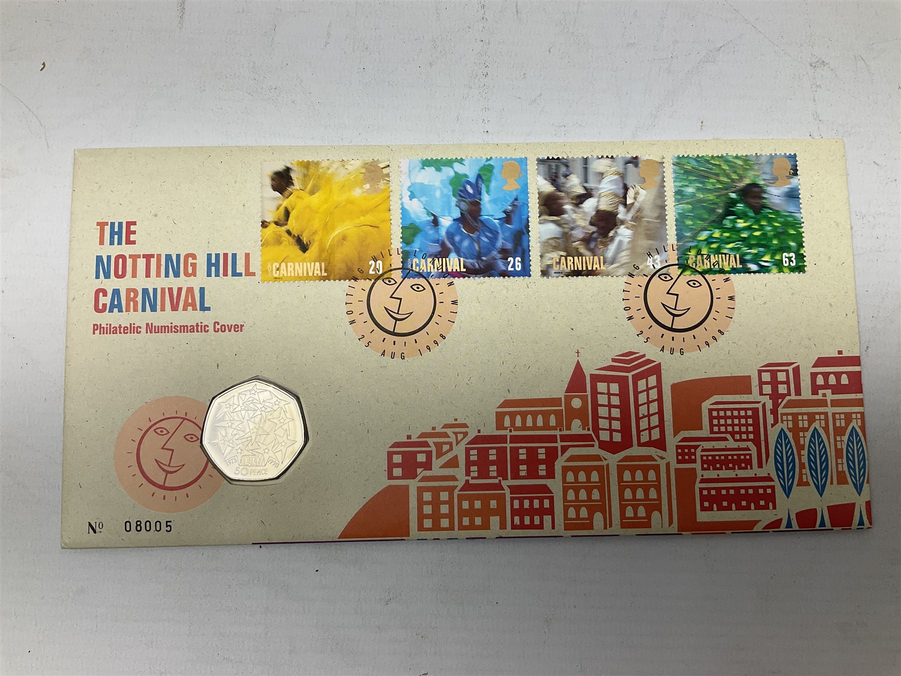 Eight coin covers including, 'Her Majesty Queen Elizabeth II 70th Birthday' containing a 1996 Canadian one ounce silver coin, three coin covers commemorating the 21st Birthday of HRH Prince William each containing a silver coin, '1895 1952 A Tribute to HM King George VI' containing a South Africa 1952 five shilling coin, 'The Notting Hill Carnival' containing a 1998 fifty pence etc (8)