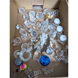 Collection of Swarovski figures, including owls, cats, penguins etc, together with Perthshire paperweight 