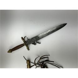 Guatemalan Collins & Co. reproduction machete with 61cm steel blade in tooled leather scabbard; modern bowie style knife, the 26cm pierced stainless steel blade with saw back and grained wooden grip in leather scabbard; and two reproduction daggers, one incorporating flintlock pistol (4)
