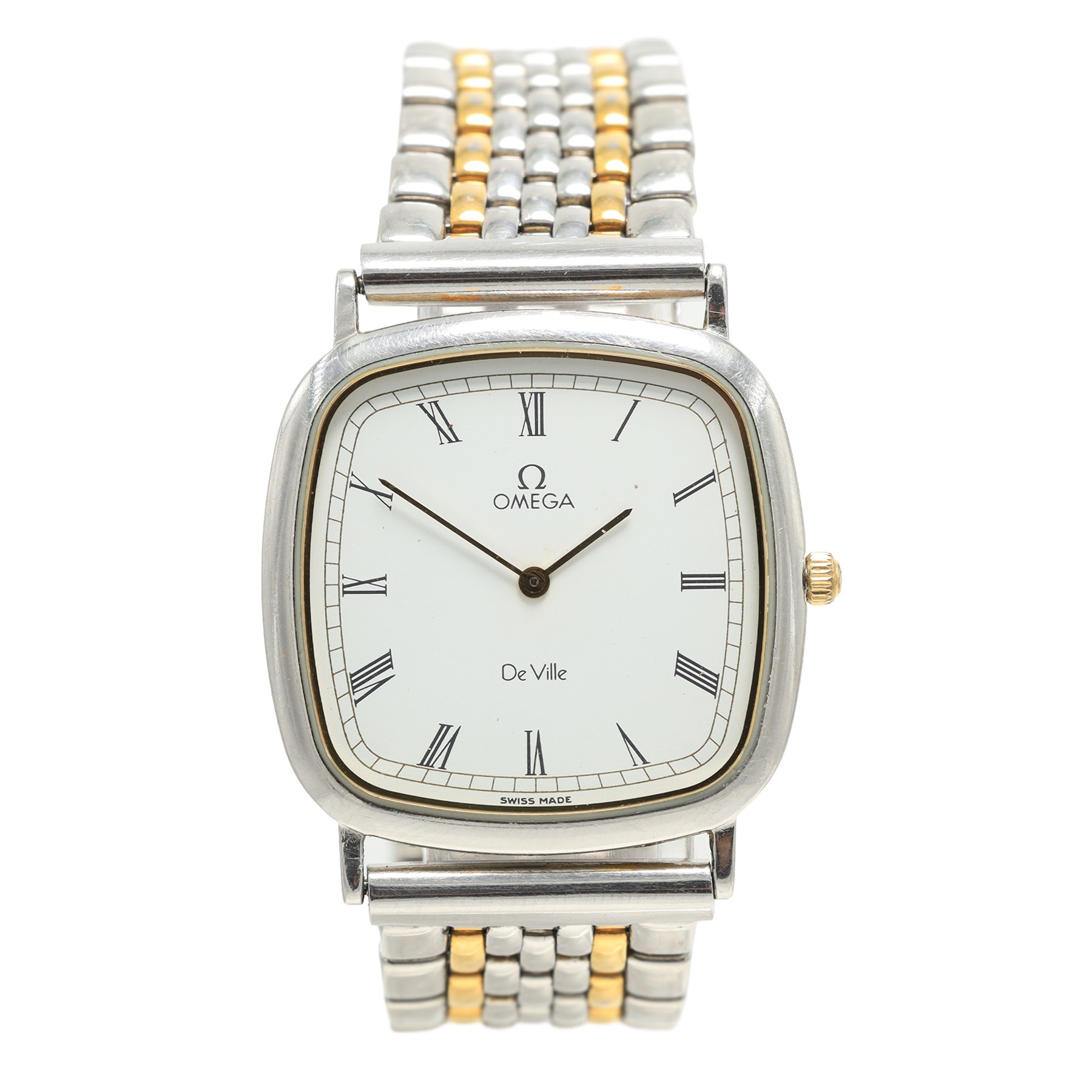 Omega gentleman's stainless steel quartz wristwatch, white dial with Roman numeral hour markers, on stainless steel bracelet and one other gold-plated and stainless steel, Ref. 1378, champagne dial with dot markers