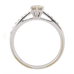18ct white gold single stone round brilliant cut diamond ring, with diamond set shoulders, hallmarked, total diamond weight 0.50 carat