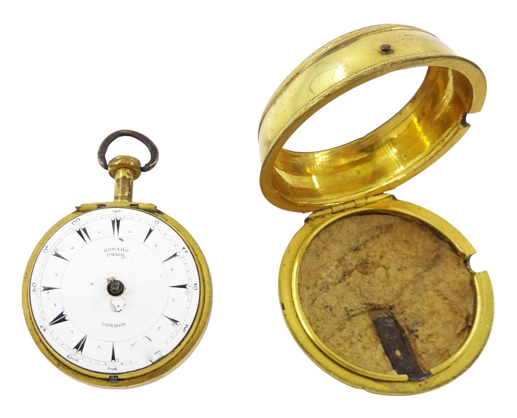 19th century gilt metal, triple cased verge fusee pocket watch, for the Turkish market by Edward Prior, London, No. 62801, pierced and engraved balance cock decorated with a classical urn, white enamel dial with Turkish hour markers, the outer tortoiseshell case, with pique work borders