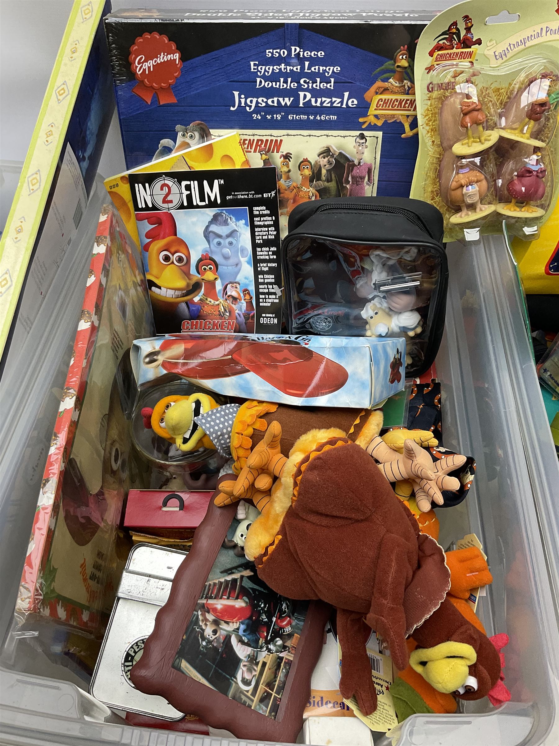 Quantity of Wallace and Gromit toys, accessories and memorabilia including soft toys, figurines, electronic ‘Talking Wallace’, car screen shades, and a quantity of Chicken Run Related merchandise, in three boxes
