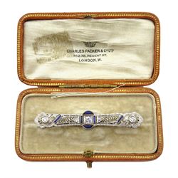 Art Deco platinum diamond and vari-cut synthetic sapphire bar open work brooch, in Charles Packer & Co Ltd, Regents Street, London box