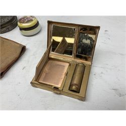 Art Deco Swiss engine turned compact by ABM, the interior fitted with compartments for powder, lipstick, mirror and photograph, together with other compacts, ceramic and metal trinket boxes, celluloid fan, lidded jars etc