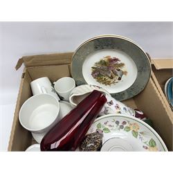 Shelley Maytime pattern sauce boat and saucer, Hornsea vases, blue and white Willow pattern dinner wares and a collection of other ceramics and glassware, in four boxes 
