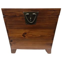 Wooden blanket box with twin drop handles and a hinged cover H47cm W52cm.