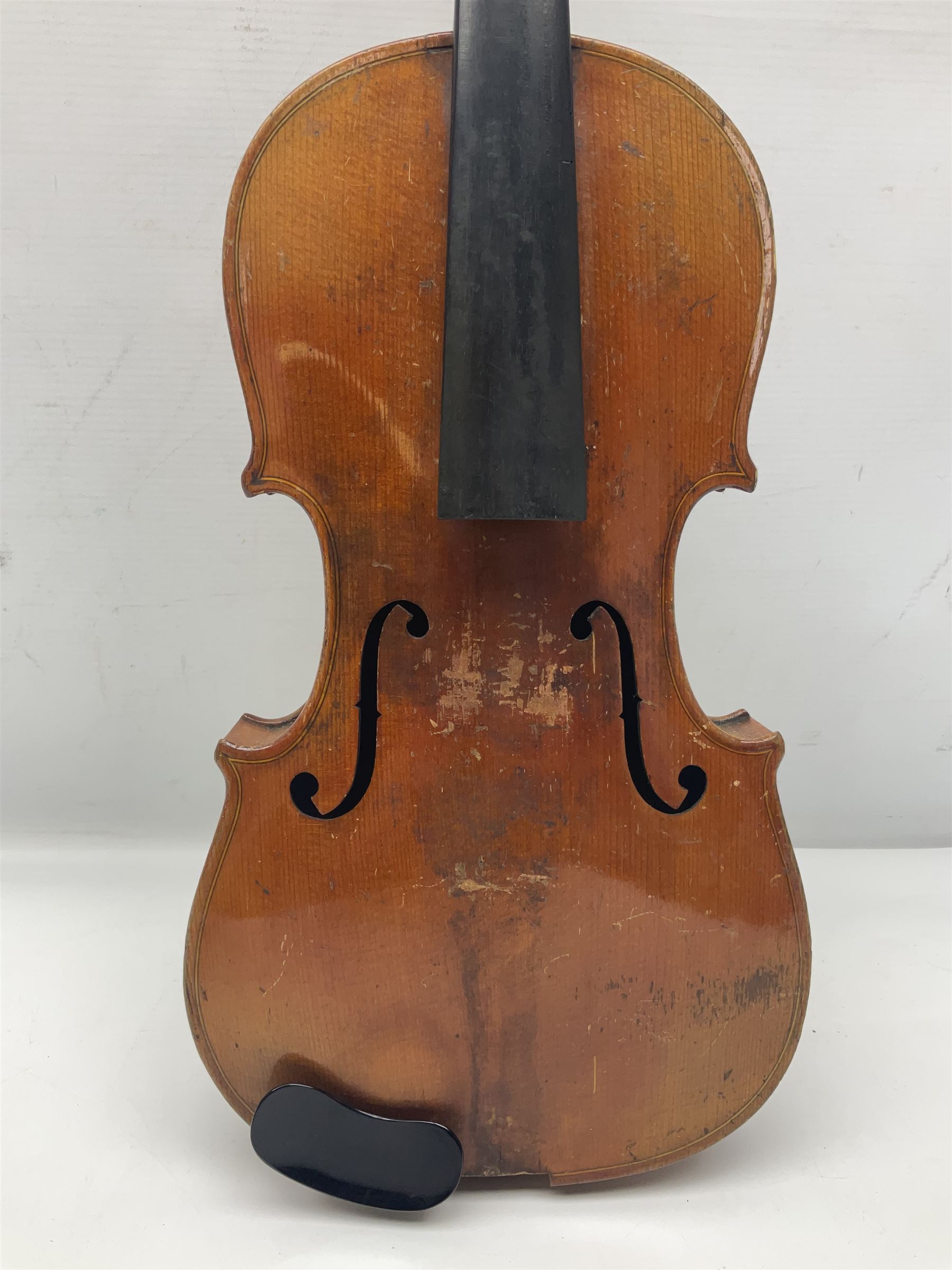 German violin c1900 for re-assembly with 36cm two-piece maple back and ribs and spruce top; L59cm; in ebonised wooden 'coffin' case with two bows