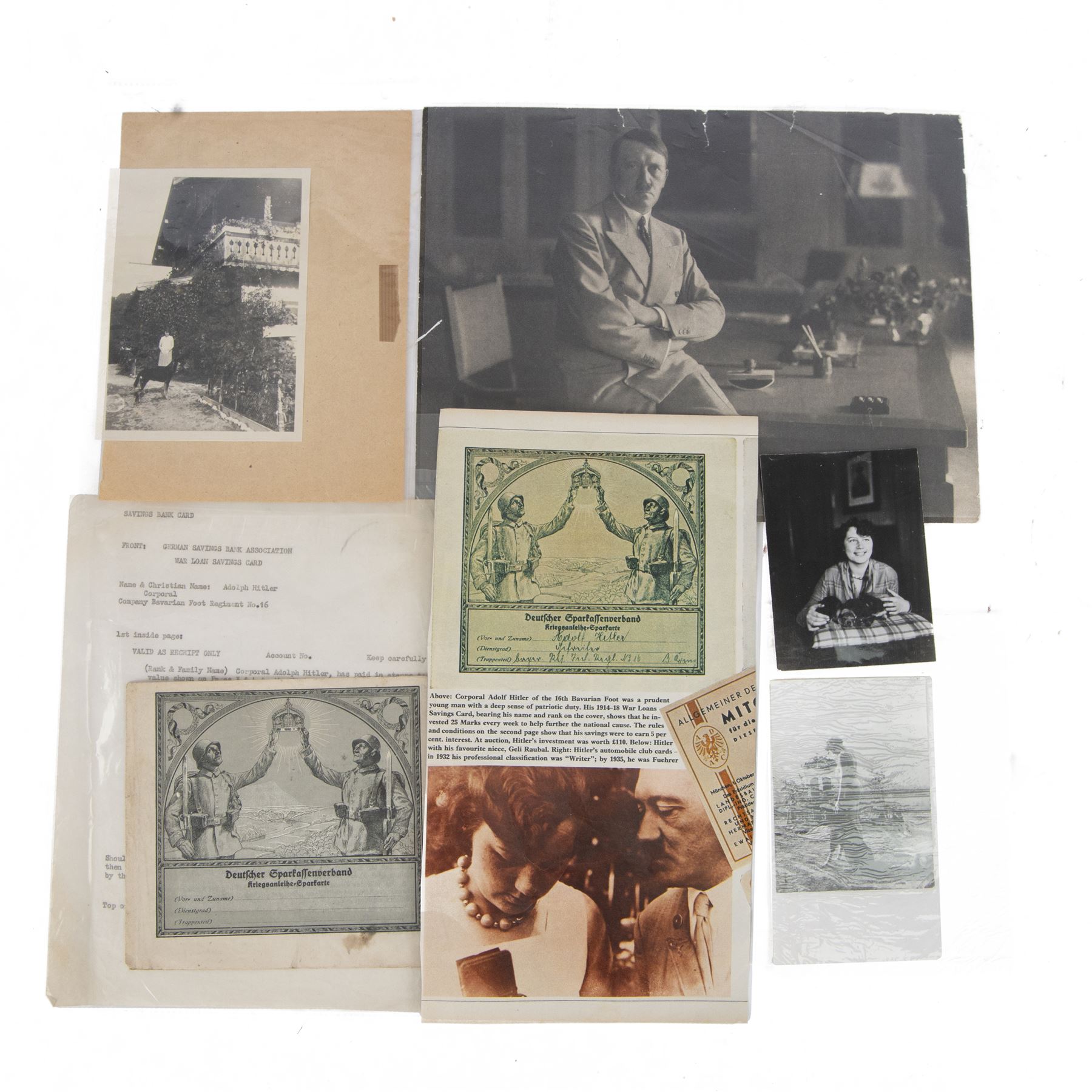 Photograph of Adolf Hitler, together with photograph of Hitler's neice Geli Raubal, an original types letter from Hitler's sister Laula Hitler and a spare savings book belonging to Hitler 