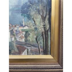 Mary Dawson Elwell (British 1874-1952): 'From Acquafredda' Italy, oil on panel signed and indistinctly dated 1923?, original title label verso 34cm x 26cm