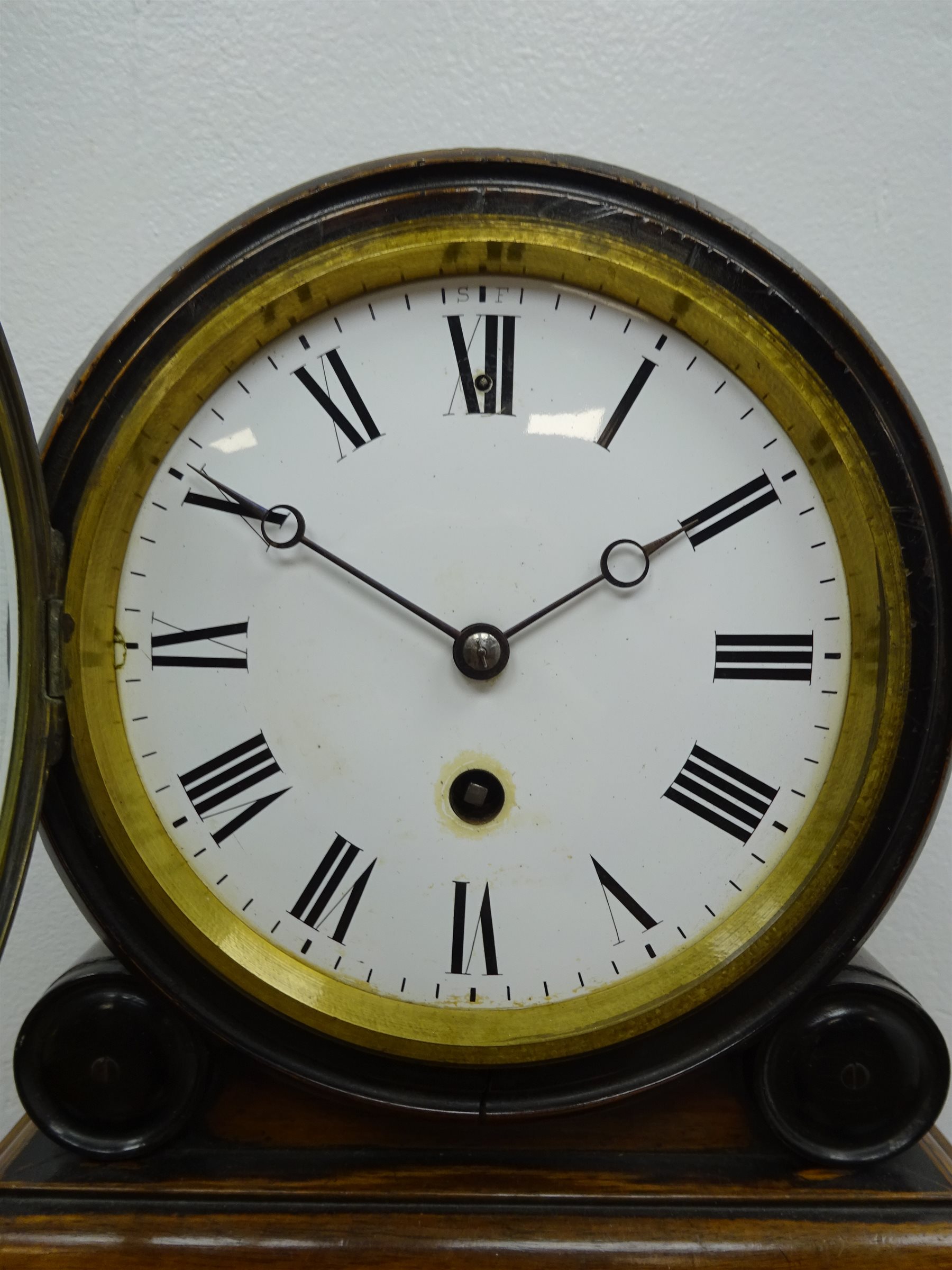 19th century mahogany cased drum head mantle clock with circular white