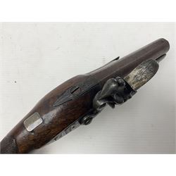 Early 19th century Wm. Hollis flintlock belt or pocket pistol, approximately 20 bore, the 10cm barrel with ram rod under, engraved lock plate with maker's name and roller frizzen, engraved trigger guard with pineapple finial and walnut stock with chequered grip L25cm overall