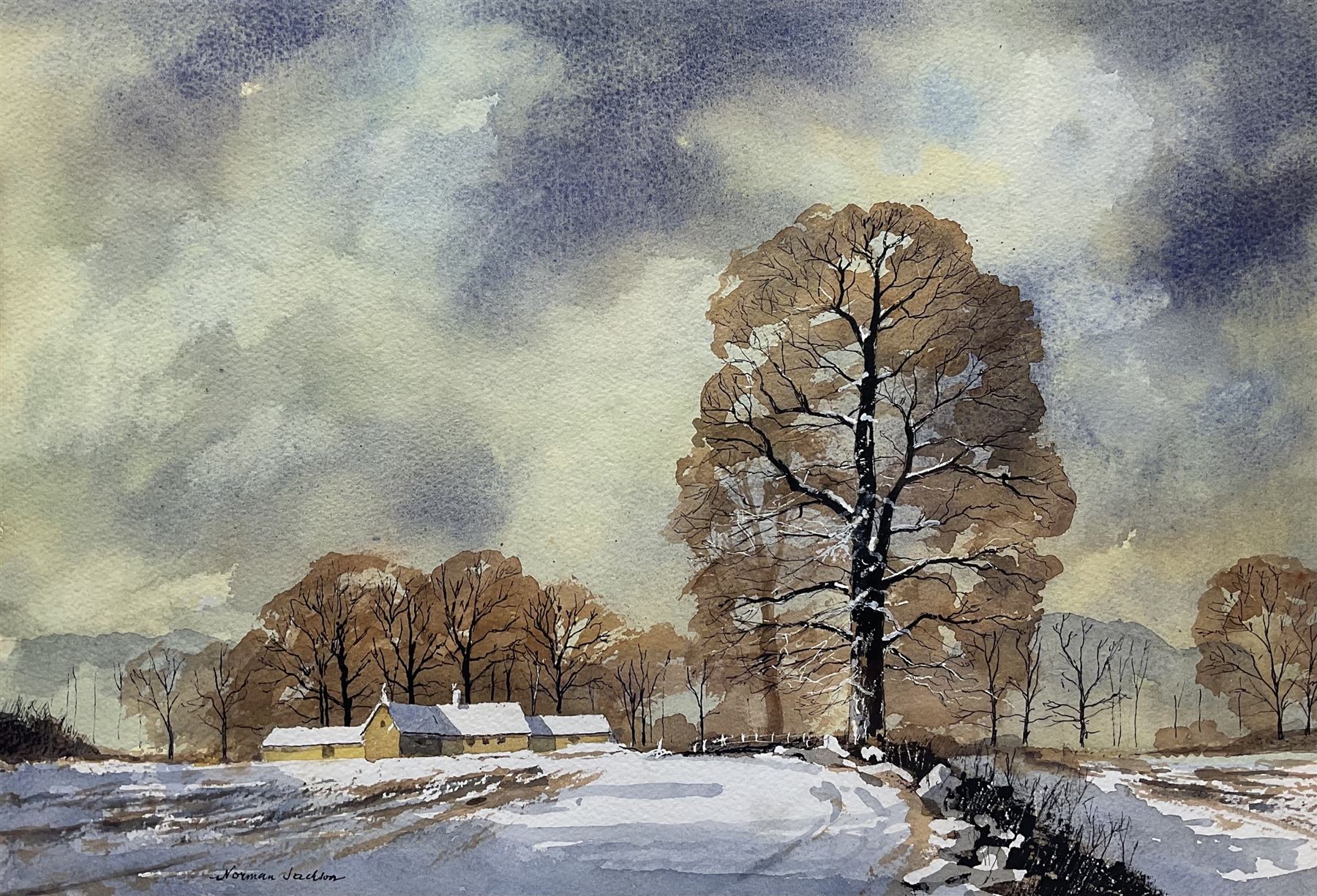 Norman Jackson (British 20th century): Snowscape with Cottages, watercolour 32cm x 46cm
