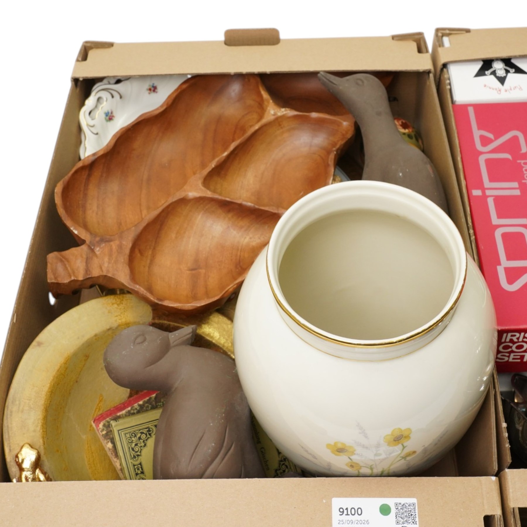 Collection of metal ware and kitchenalia, including a set of cloisonne napkin rings, carved wooden items, boxed Irish coffee set, WMF kitchen plate etc