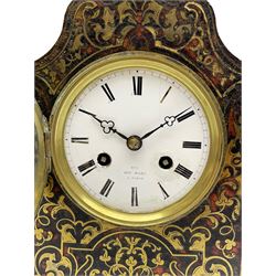 Henry Marc - early 19th century tortoiseshell and brass inlaid mantel clock c1820, eight-day Parisian movement with a silk suspension and count wheel striking, sounding the hours and half hours on bell, white enamel Roman dial with pierced trefoil handles, the case in shaped form with pointed pediment, decorated with scrolling foliate brass inlay, on reverse-ogee plinth base