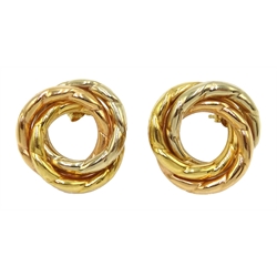  Pair of tri-colour 18ct gold rope twist ear-rings stamped 750, 7.3gm  