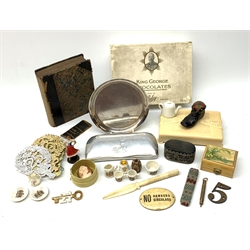 Early 20th century gold-plated propelling pencil, an ivorine bakelite jewellery box, 19th century beaded needle case,  carved shell cameo, miniature crested ware tea set, boot shaped pin cushion etc 