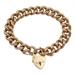 Early 20th century 9ct rose gold curb link bracelet, with heart locket clasp, maker's mark HC&S, each link stamped 9, in original silk and velvet lined box