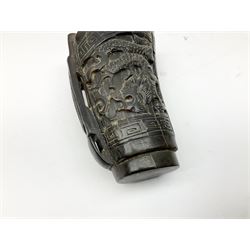 Chinese horn blood collection cup, carved with dragons and key fret border, H9.5cm