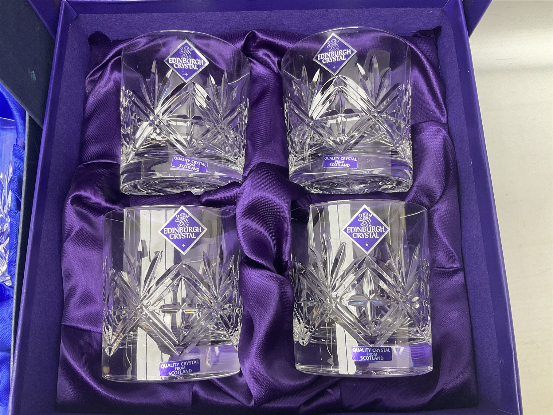 Bohemia Crystal cased decanter and four glasses set, Edinburgh crystal four tumbler set and boxed Edinburgh crystal etched glass