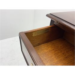 Sydney Smith - mahogany sideboard, cross banded and inlaid detail, three short drawers above three adjustable shelves, raised on platform base