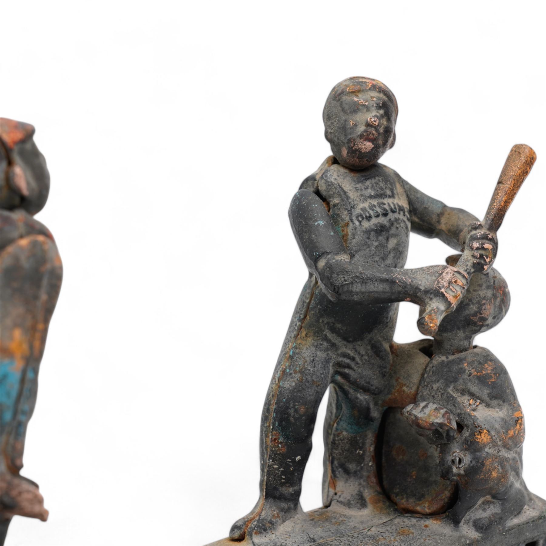 Late 19th century American 'Hometown Battery' money bank with moving baseball figures and traces of original paint W23cm