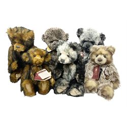 Six Charlie Bears, comprising Bert CB131306, Hattie CB614865, Brodie CB124902, and Anniversary Diesel CB151575, each designed by Isabelle Lee, and Bibble CB630036B, and Edwin CB131298, both designed by Heather Lyell, all with tags