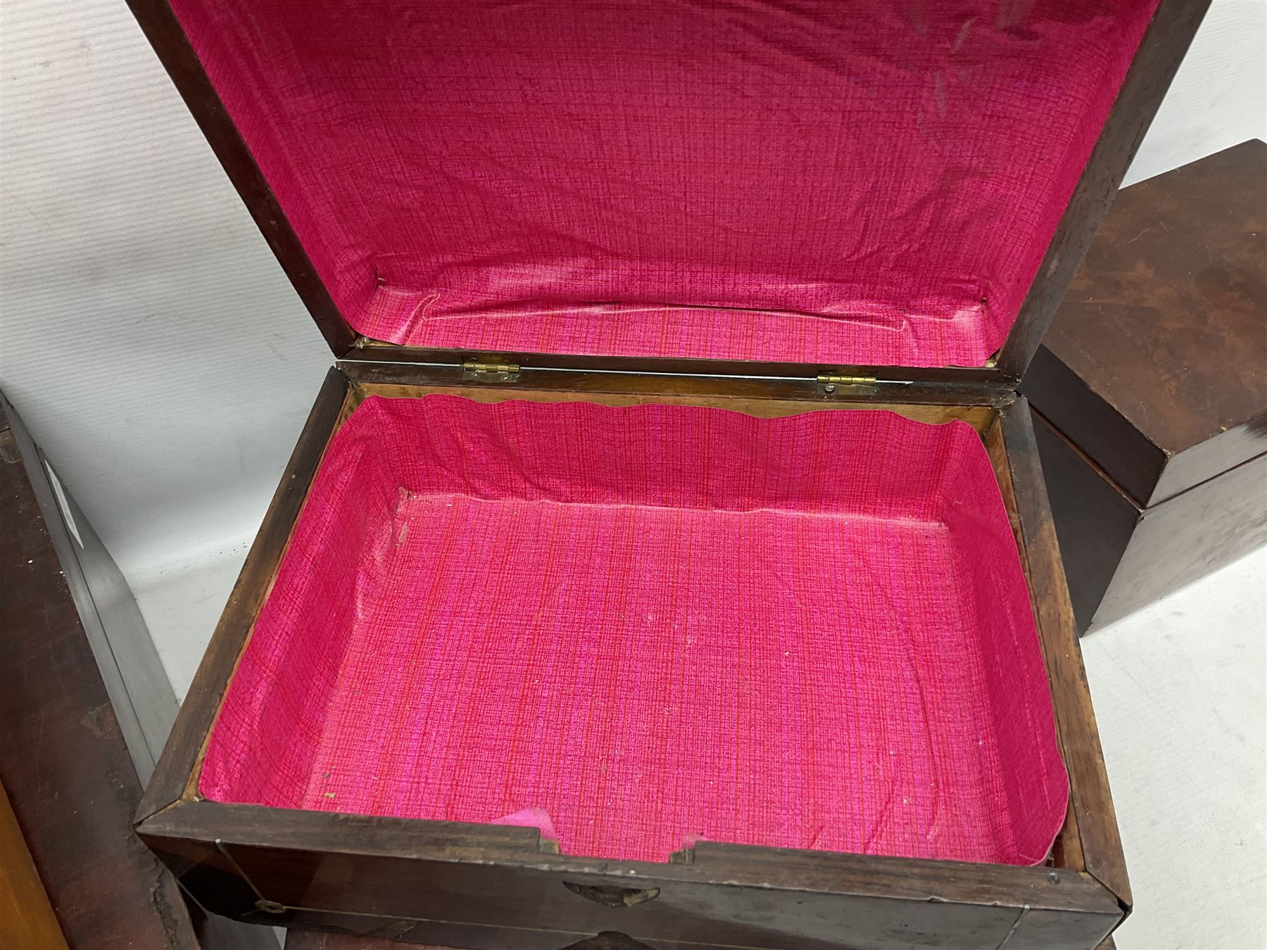 Collection of 19th century and later boxes for restoration, to include a mother of pearl inlay example, oak canteen, large mahogany example etc