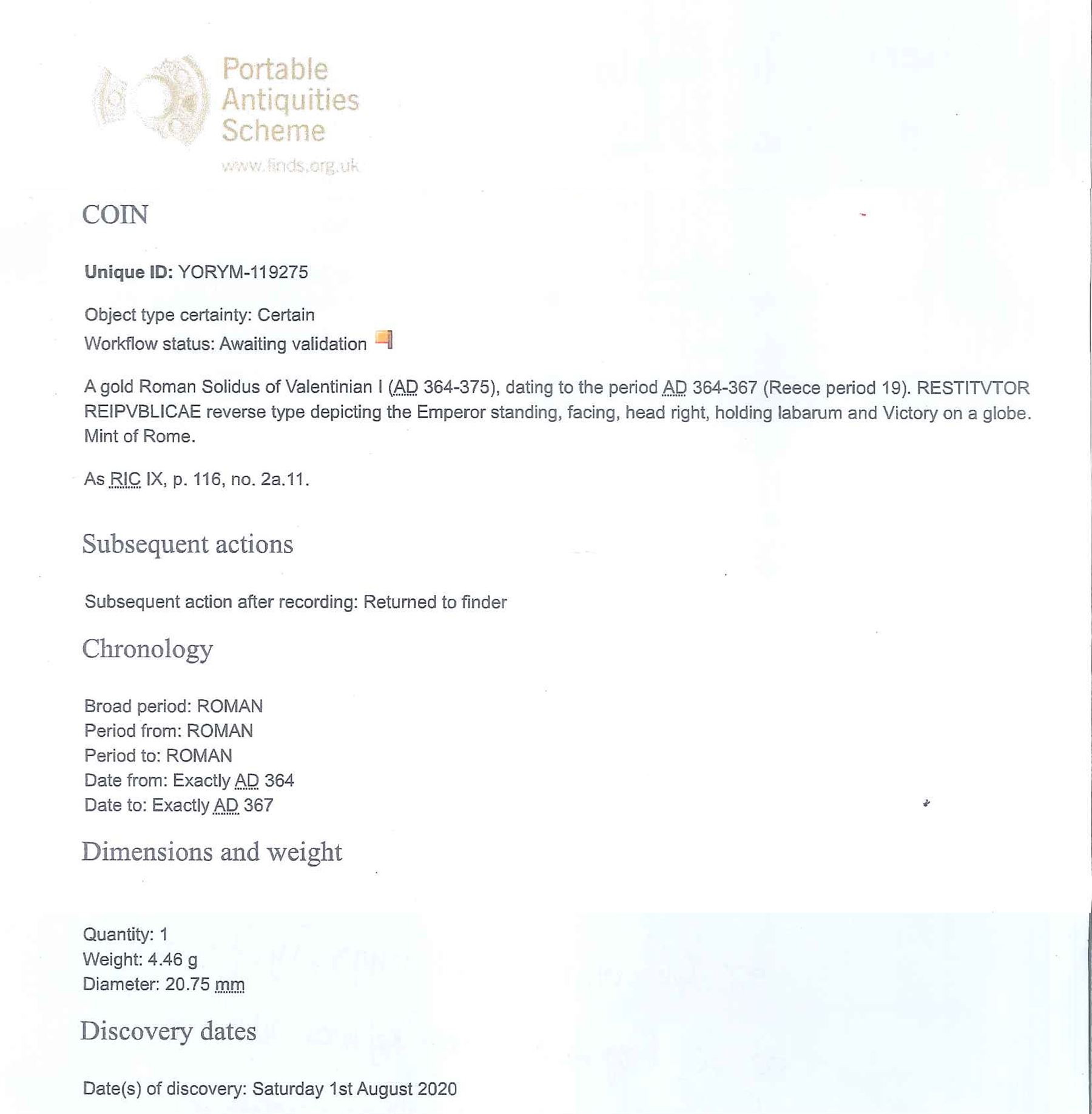 Roman gold Solidus coin of Valentinian I (AD 364-367)