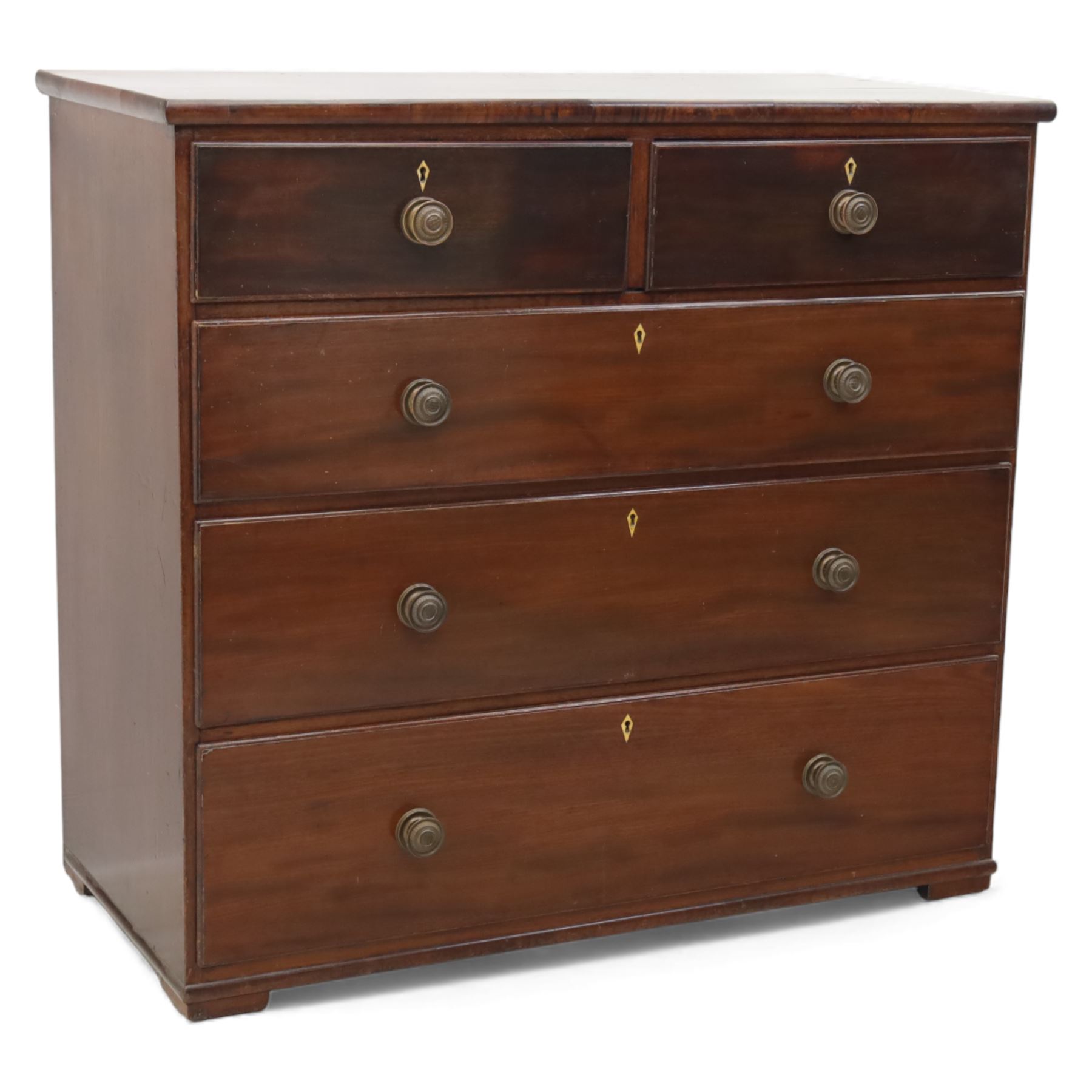19th century mahogany chest, with a rectangular top over two short and three long graduated drawers fitted with turned knobs and bone escutcheons, raised on shaped bracket feet