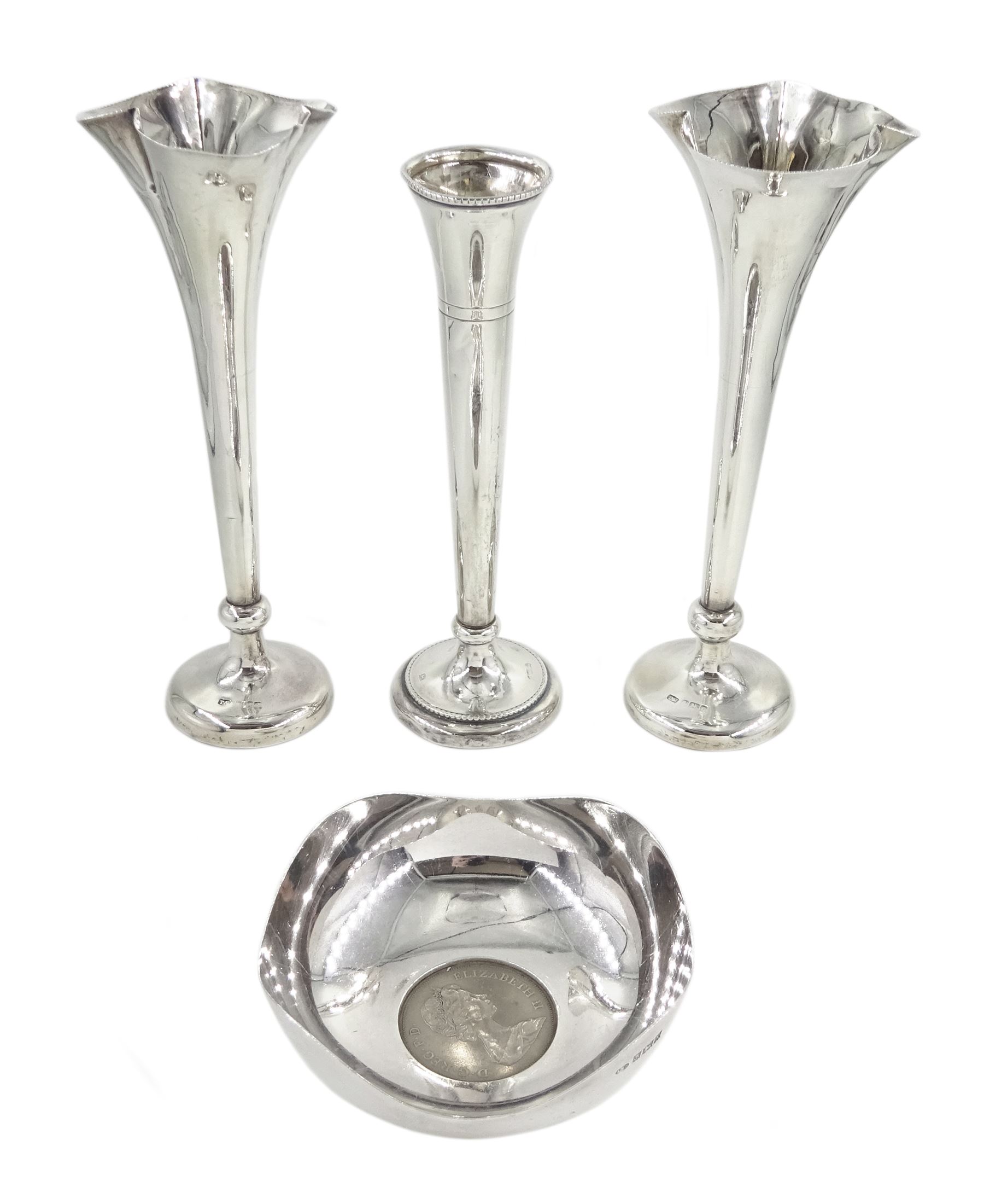 Pair of  Edwardian silver specimen vases by Thomas Fattorini, Birmingham 1902, one other by P H Vogel & Co, Birmingham 1970 and a silver coin dish set with a commemorative nickel crown